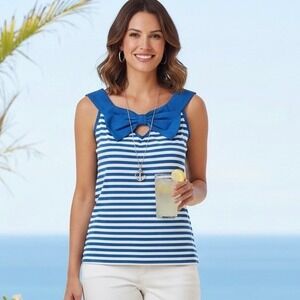 NEW Vintage 90s Tropical Resort Shirt Women Medium Blue‎ White Stripe Boat Neck